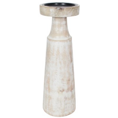 12" White Washed Wood Pillar Candle Holder