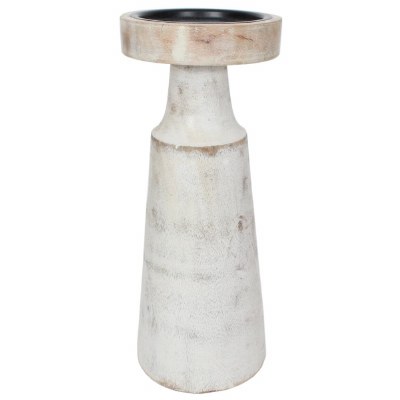 10" White Washed Wood Pillar Candle Holder