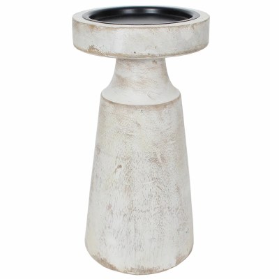 8" White Washed Wood Pillar Candle Holder