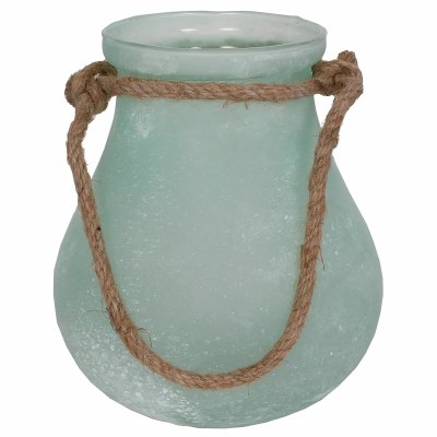 8" Frost Green Glass Tear Drop Lantern With a Rope Handle