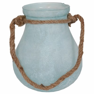 8" Frost Blue Glass Tear Drop Lantern With a Rope Handle