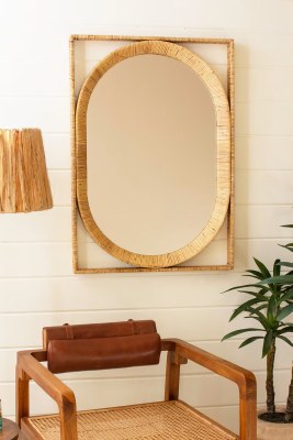 34" x 24" Oval Mirror in a Rectangle Rattan Frame