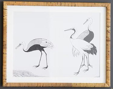 22" x 28" Black and White Three Cranes Coastal Print in a Rattan Frame Under Glass