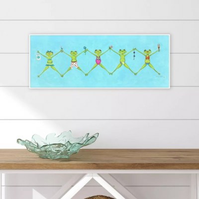 13" x 35" Frog Party Framed Coastal Canvas
