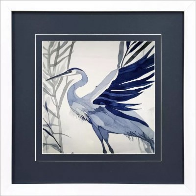 27" Sq Heron With It's Wings Back Coastal Framed Print Under Glass
