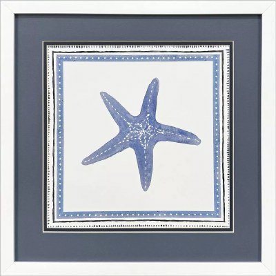 17" Sq Blue Starfish Coastal Framed Print Under Glass