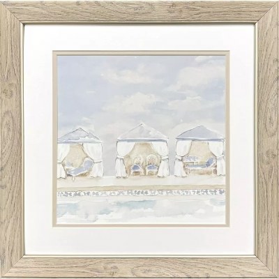 19" Sq Three Blue Beach Cabanas Coastal Framed Print Under Glass