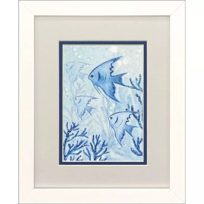 11" x 9" Big Coral With Blue Fish Coastal Framed Print Under Glass
