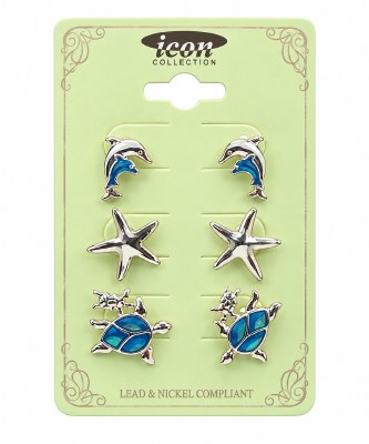 Set of Three Blue and Silver Sea Life Earrings