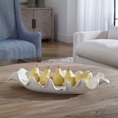 10" x 24" White Oval Wavy Edge Decorative Vase