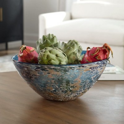 14" Round Blue and Brown Glass Decorative Bowl