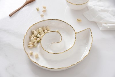 10" Round White and Gold Rim Ceramic Spiral Serving Dish by Pampa Bay