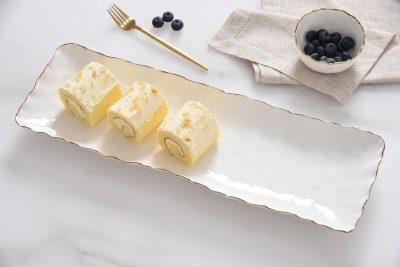 7' x 20" White and Gold Rim Ceramic Tray by Pampa Bay
