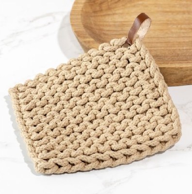 8" Sq Beige Cotton Pot Holder With Strap