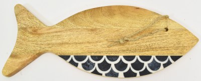 17" Fish Shaped Coastal Wood Serving Tray With Blue Scales