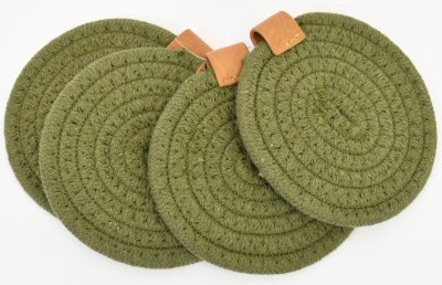 Set of Four 4" Round Green Cotton Coasters