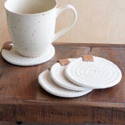 Set of Four 4" Round White Cotton Coasters