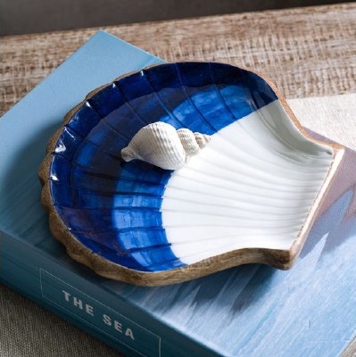 9" Blue and White Shell Shaped Wood Platter