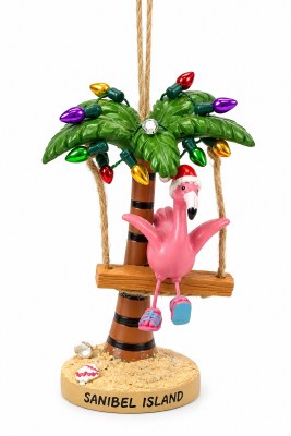 4" Sanibel Island Flamingo Swing in Palm Ornament