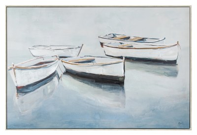 32" x 48" Five White Boats Framed Coastal Canvas
