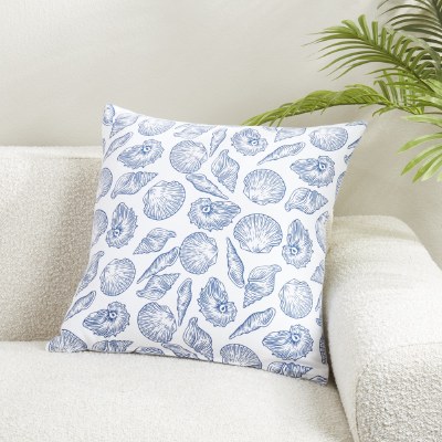 20" Sq Blue Sea Shells on White Coastal Pillow