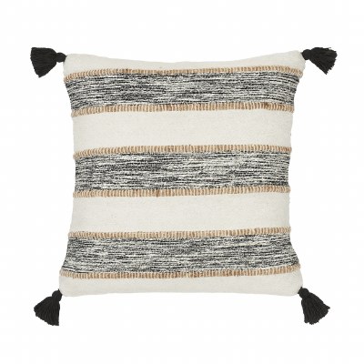 20" Square Blue and Ivory Stripe Jute Tassel Pillow