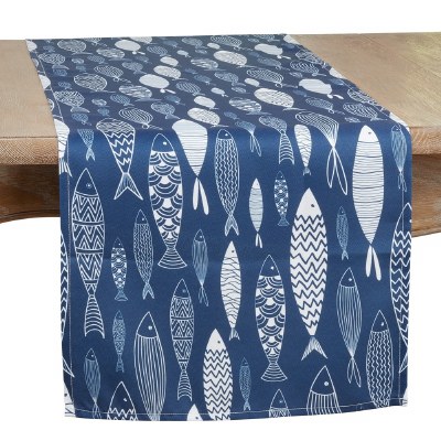 70" White Fish on Dark Blue Coastal Table Runner