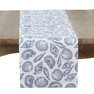 72" Blue Sea Shells on White Coastal Table Runner