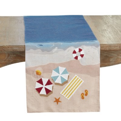 70" "Beach" and Umbrella Embroidered Coastal Table Runner