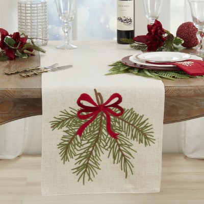 16" x 70" Red Bow With Pine Christmas Table Runner