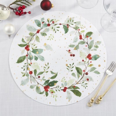 15" Round Red Berries and Holly Wreath Christmas Placemat