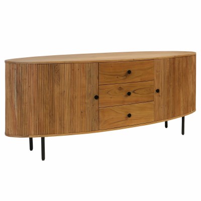 71" Brown Ribbed Two Door and Three Drawer Oval Credenza