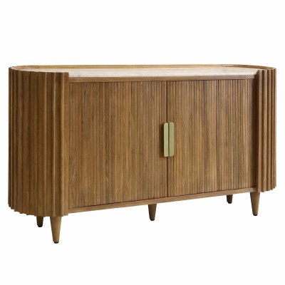 65" Brown Ribbed Two Door and White Marble Top Oval Credenza