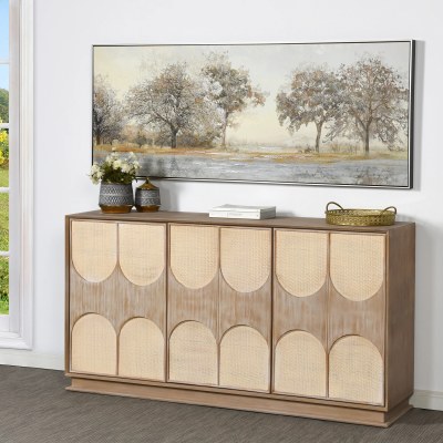 68" White Washed Woven Three Door Credenza