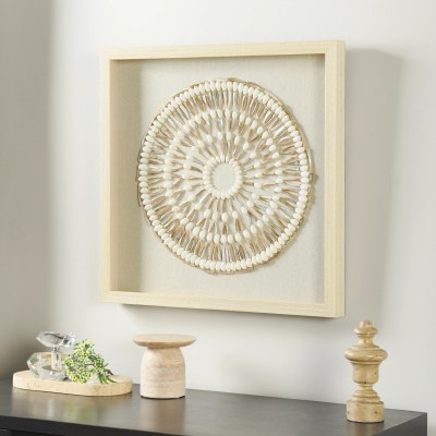 24" Sq White and Natural Paper Seashell Circle Shadow Box