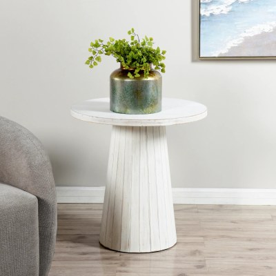 26" Round White Washed Wood Pedestal End Table