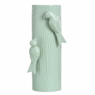16" Green Two 3D Birds Ceramic Vase