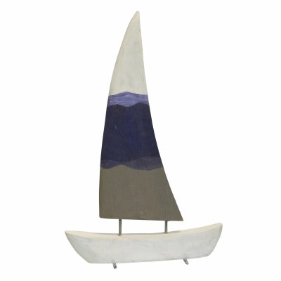 20" White, Blue and Brown Wood Sailboat Statue
