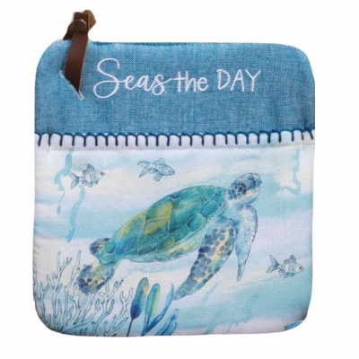 8" Sq Blue Turtle "Seas The Day" Pocket Oven Mitt