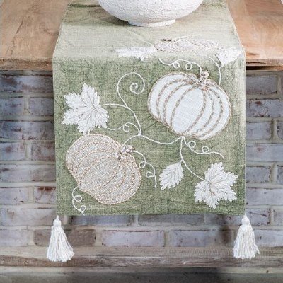 72" Green and Ivory Pumpkin Embroidered Table Runner Fall and Thanksgiving