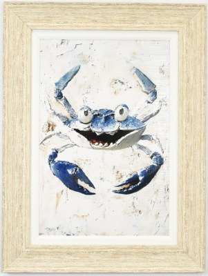32" x 24" Blue Happy Crab Gel Textured Coastal Print in a Distressed Sand Frame
