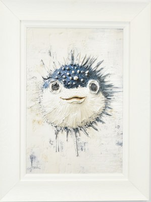 32" x 24" Puff! Blue Pufferfish Gel Textured Coastal Print in a White Frame