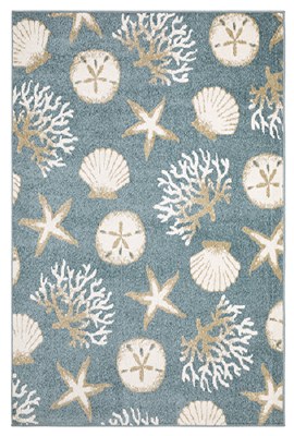 5.3' x 7' White and Tan Seashells on Blue Quinn qui01 Rug
