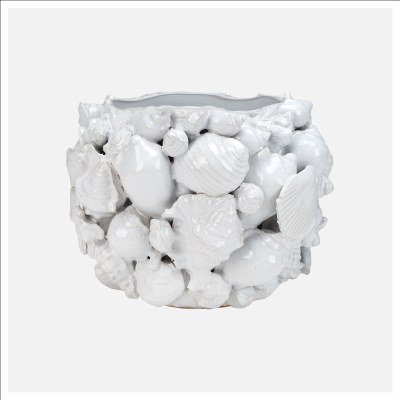 10" White 3D Ceramic Seashell Coastal Pot