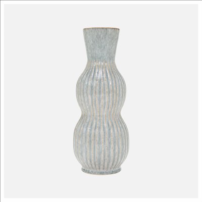 15" Green and Beige Ribbed Ceramic Decorative Vase