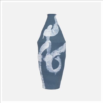 19" Blue With White Lines Ceramic Decorative Vase