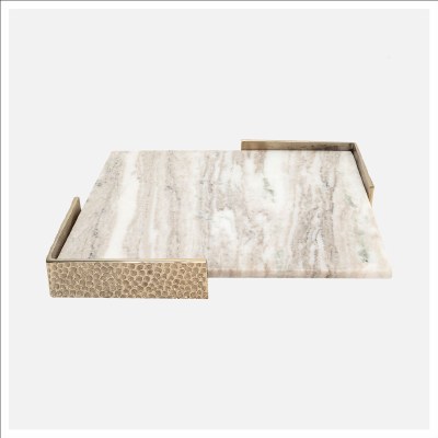 16" Sq Multicolored Marble Decorative Tray With Two Gold Metal Corners