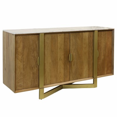 68" Brown and Distressed Bronze Four Doors and a Marble Top Credenza