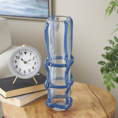 16" Clear and Blue Glass Grid Vase