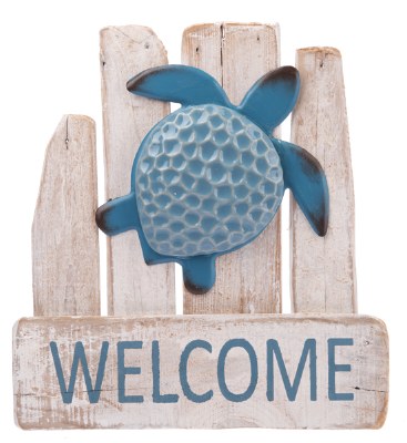 12" Blue Turtle Ceramic and Wood "Welcome" Plaque